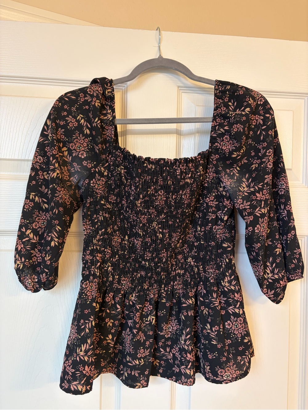 Everly Black Smocked Square-Neck Floral Peplum Top with Pink Print